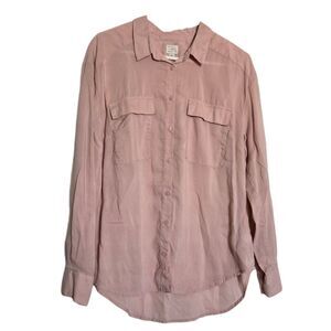 Light Pink Long Sleeve Button Front Blouse with Pockets Women’s Casual Top